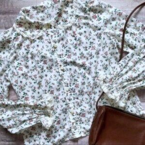 Vintage 70s Floral Prairie Long Blouson Sleeve Peasant Blouse Cottagecore XS/S